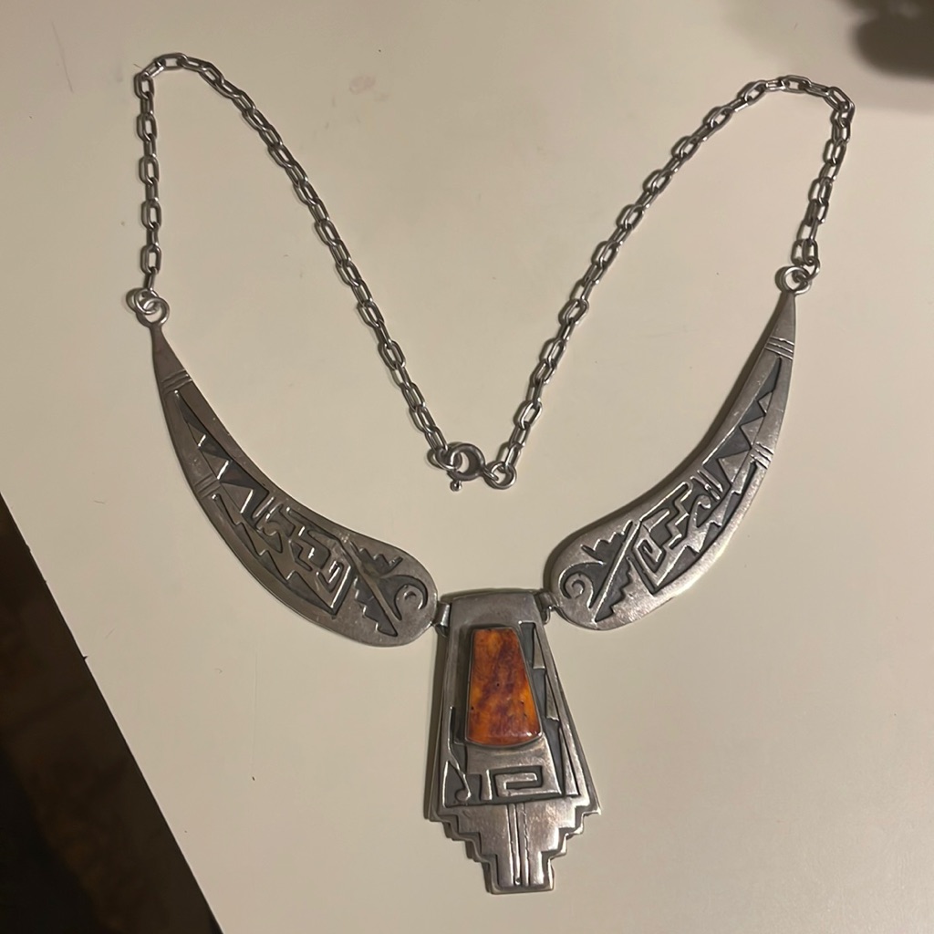 Native American Sterling Silver Necklace With Coral Marked Cc Sterling 19 Inches